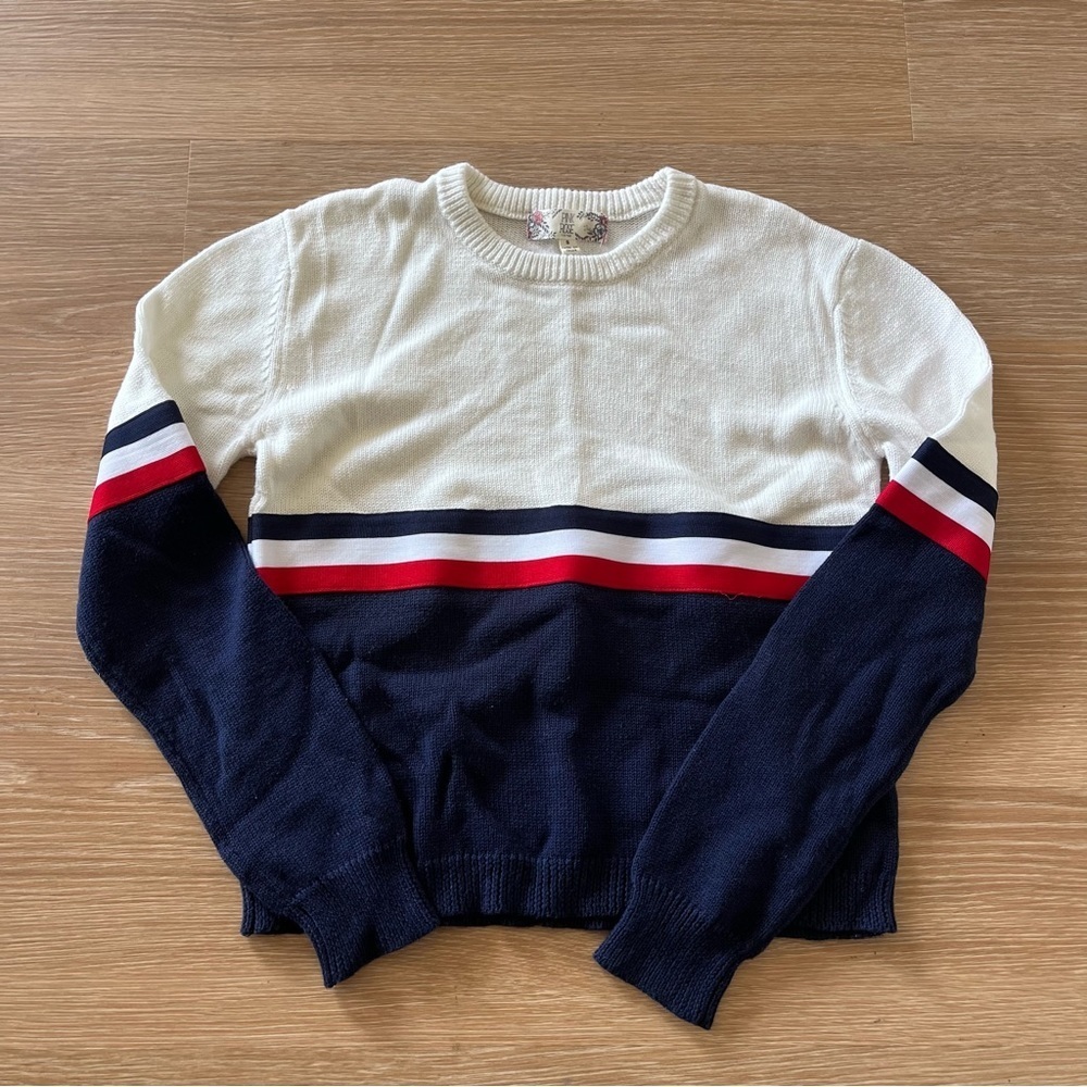 Pink Rose Sweater Colorblock Striped Crew Neck Knit White Navy Red Size S